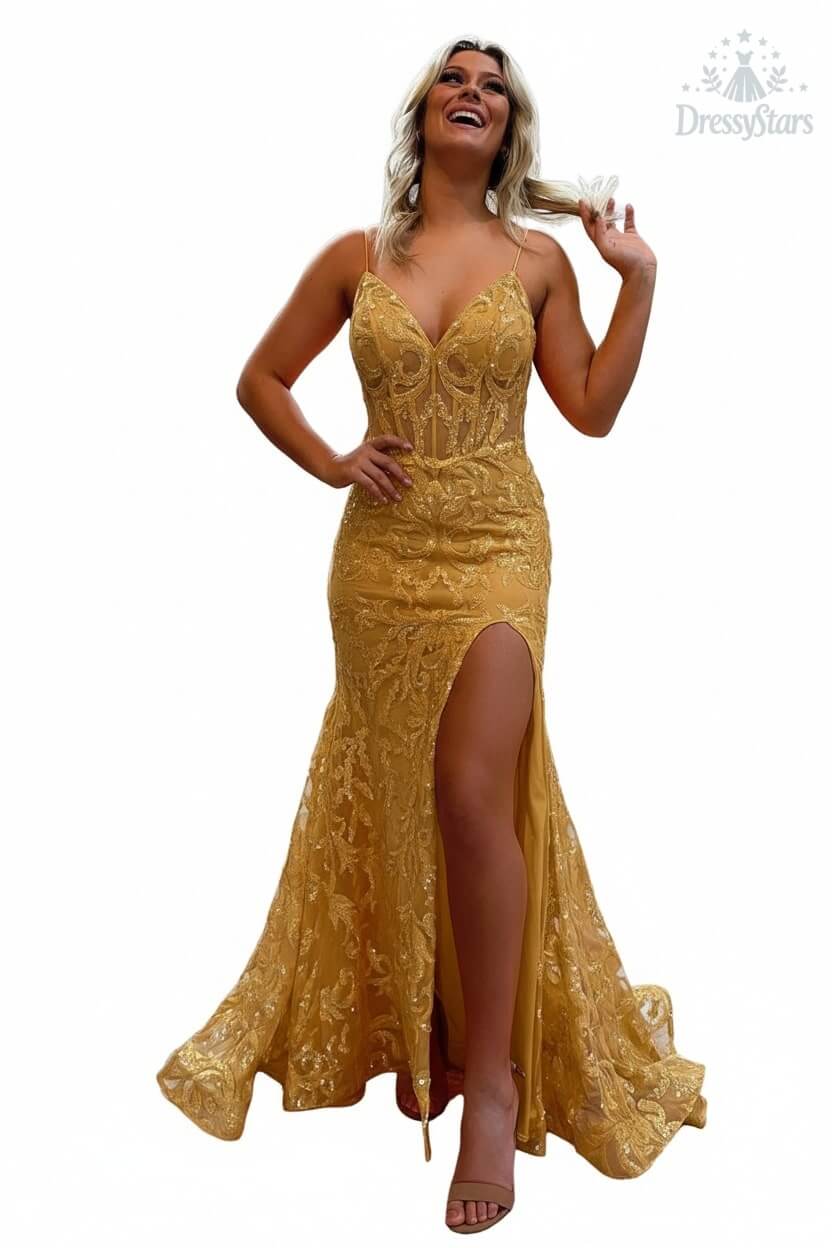 Orange Prom Dress Spaghetti Straps Mermaid Evening Dress
