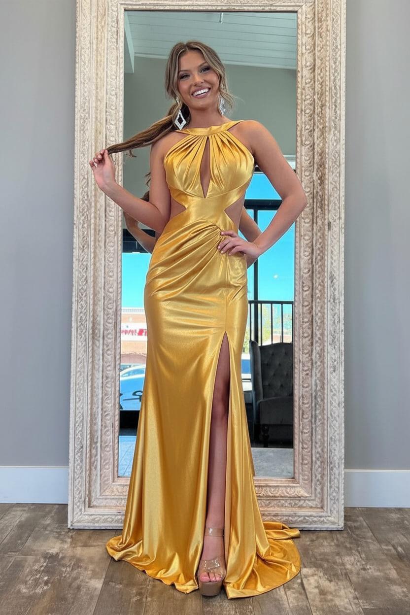 Fuchsia Metallic Mermaid Prom Dress With Slit And Open Back Formal Evening Gown