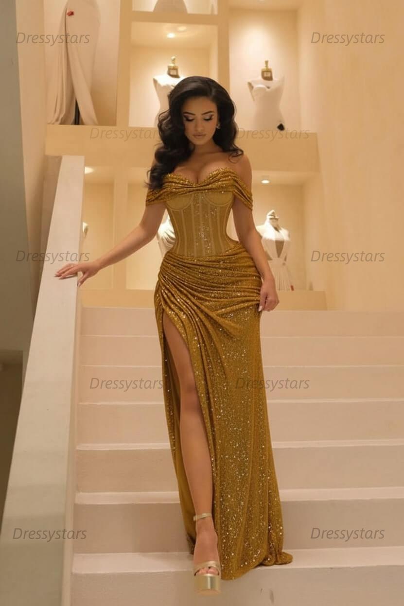 Champagne Mermaid Prom Dress Cap Sleeve Off the Shoulder Formal Dress With Sequins