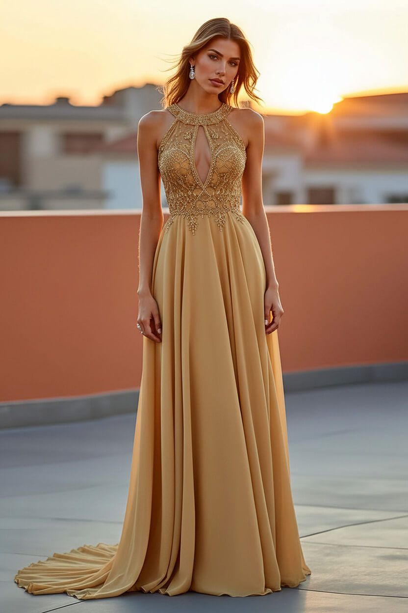 Dressystars Beaded Navy Wedding Guest Dress Halter Long Formal Dress With Embroideries