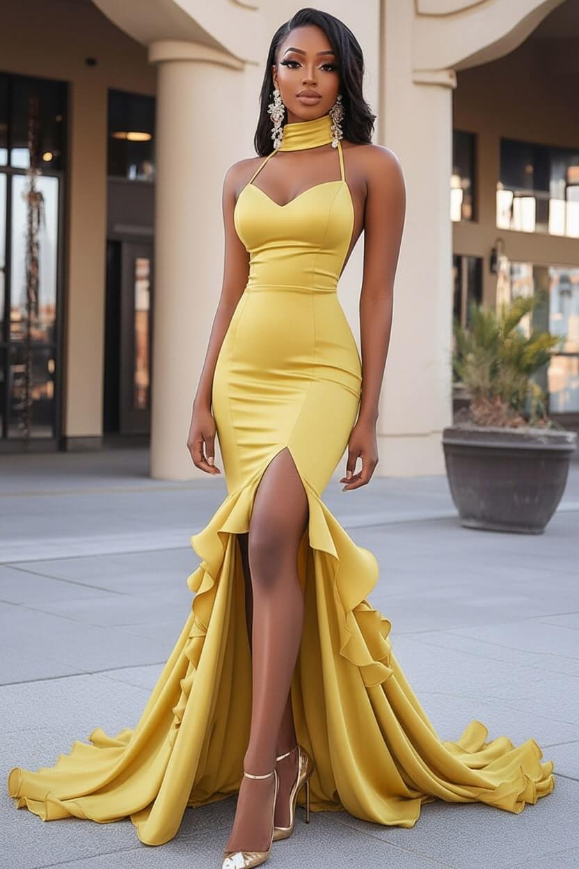 Dressystars Black Wedding Guest Dress Ruffled Mermaid Long Prom Dress With Slit