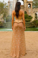 Dressystars Gold Beaded Formal Dress Tulle Strapless Satin Evening Gown