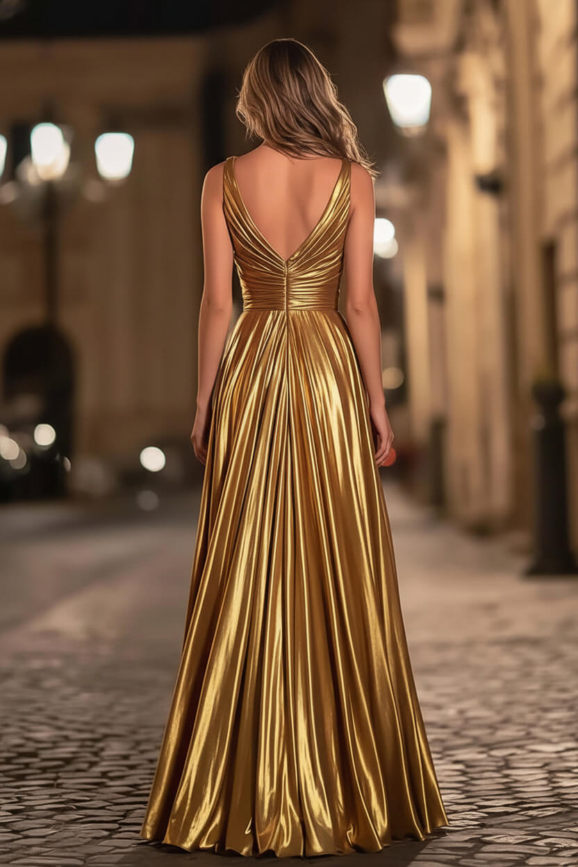 Dressystars Elegant Gold Metallic Pleated V-Neck A-Line Long Prom Dress With Slit