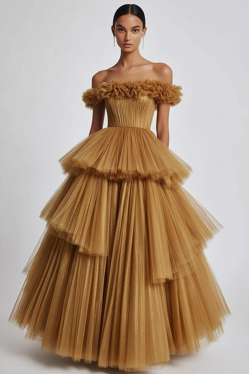 Dusty Sage Formal Dress Tulle Off The Shoulder Ball Gown Wedding Guest Dress With Ruffles