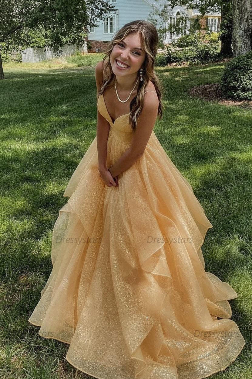 Pink Prom Dress V Neck Tulle Long Formal Evening Dress