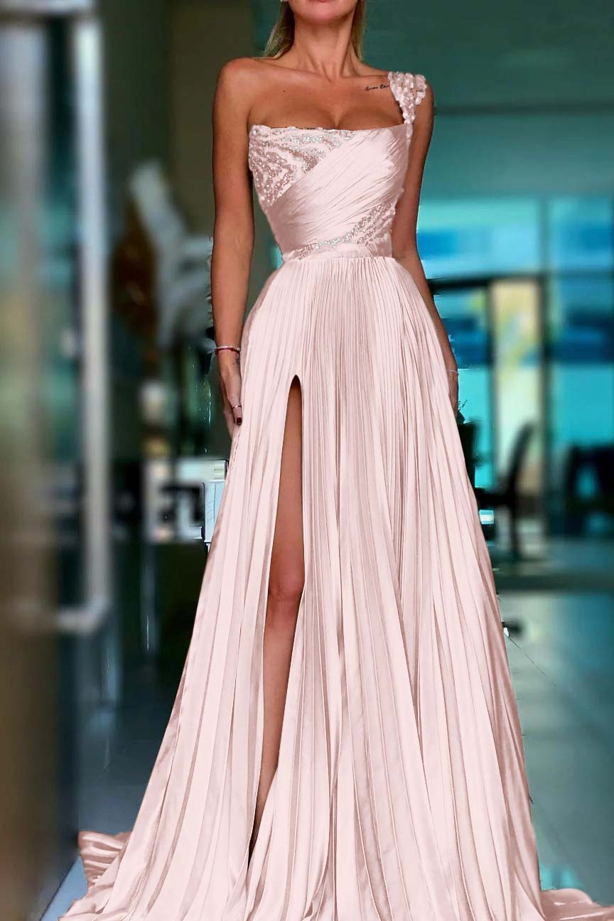 Golden A Line One Shoulder Prom Dress Sequined Pleated Formal Dress with Slit