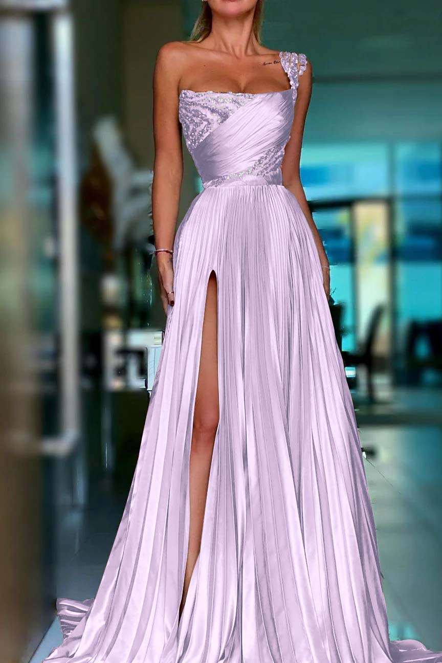 Golden A Line One Shoulder Prom Dress Sequined Pleated Formal Dress with Slit