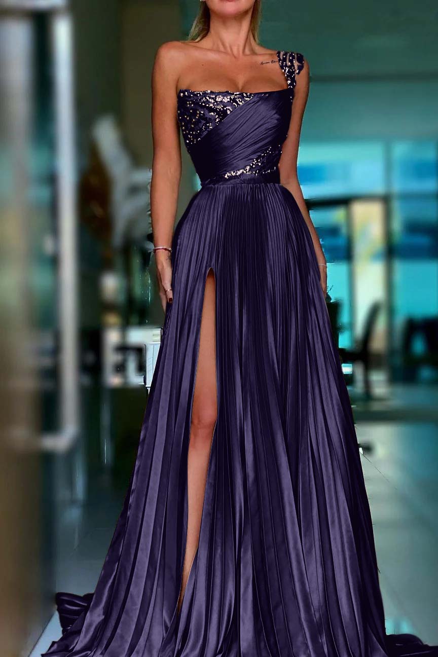 Golden A Line One Shoulder Prom Dress Sequined Pleated Formal Dress with Slit