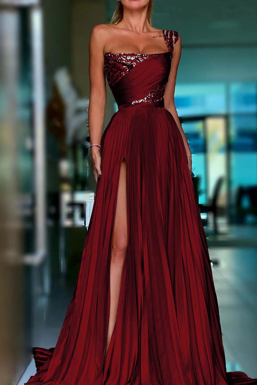 Golden A Line One Shoulder Prom Dress Sequined Pleated Formal Dress with Slit