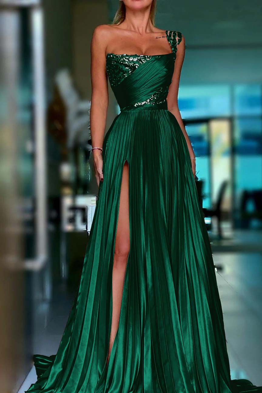 Golden A Line One Shoulder Prom Dress Sequined Pleated Formal Dress with Slit