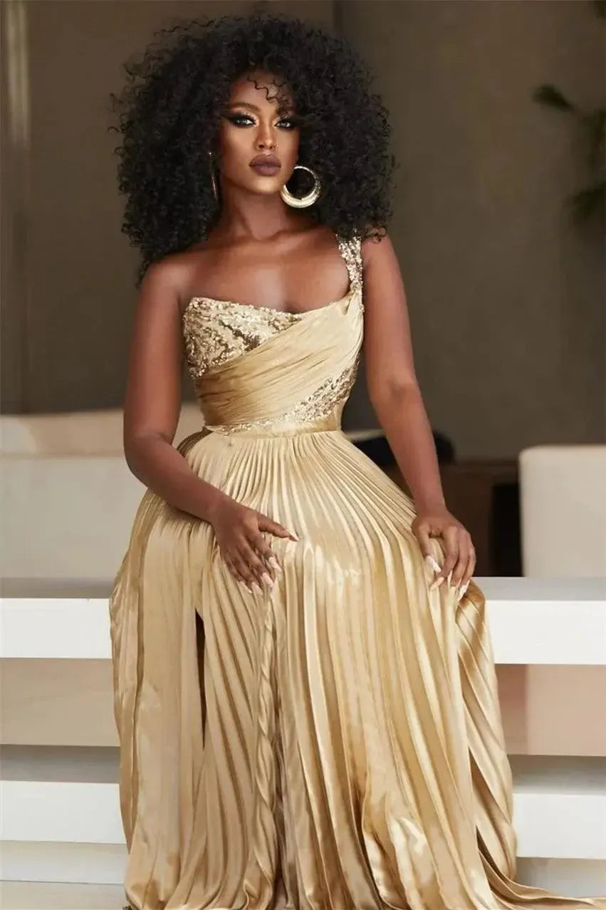 Golden A Line One Shoulder Prom Dress Sequined Pleated Formal Dress with Slit