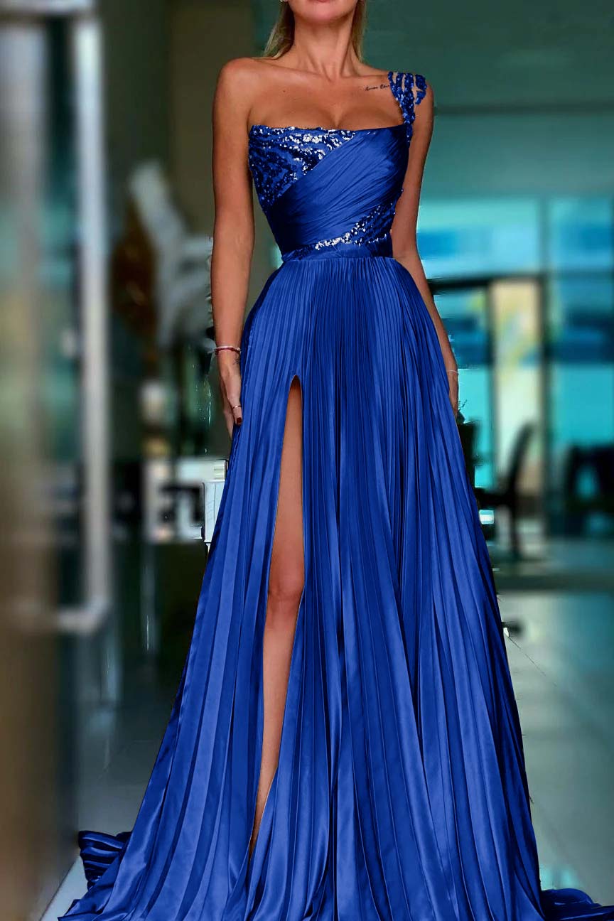 Golden A Line One Shoulder Prom Dress Sequined Pleated Formal Dress with Slit