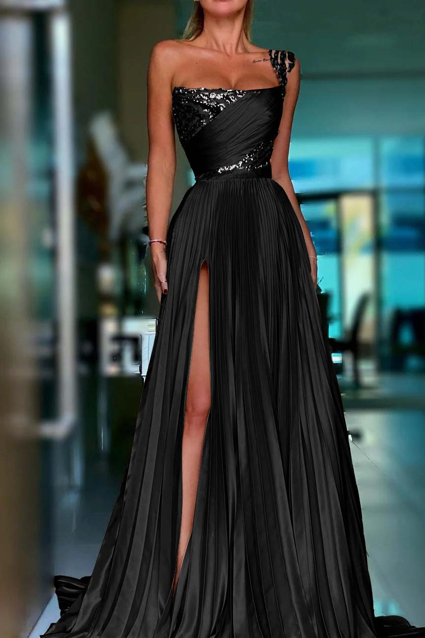 Golden A Line One Shoulder Prom Dress Sequined Pleated Formal Dress with Slit