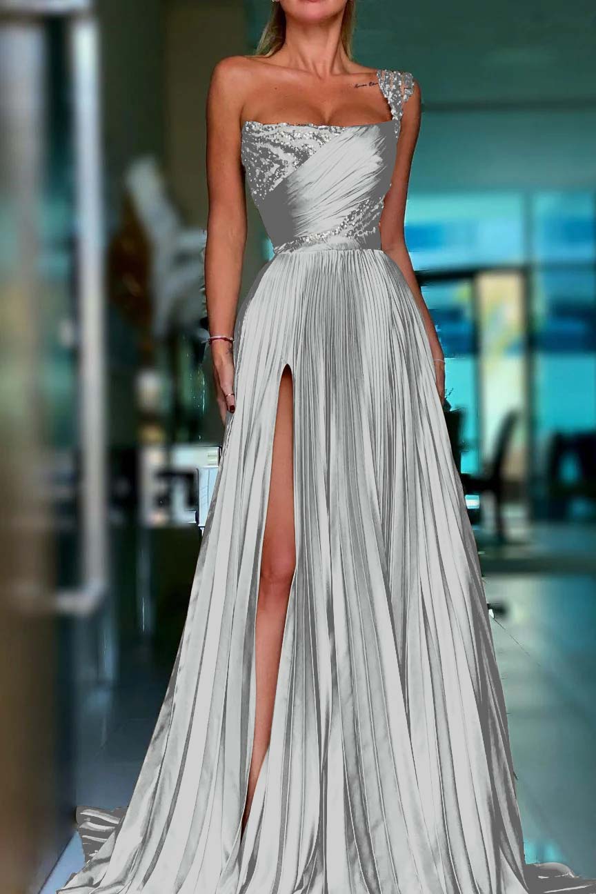 Golden A Line One Shoulder Prom Dress Sequined Pleated Formal Dress with Slit