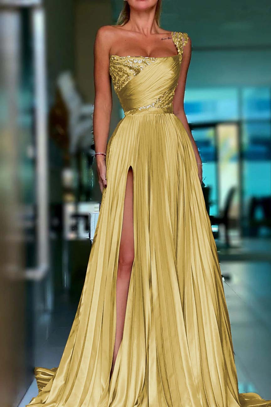 Golden A Line One Shoulder Prom Dress Sequined Pleated Formal Dress with Slit