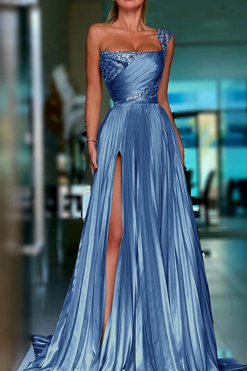 Golden A Line One Shoulder Prom Dress Sequined Pleated Formal Dress with Slit