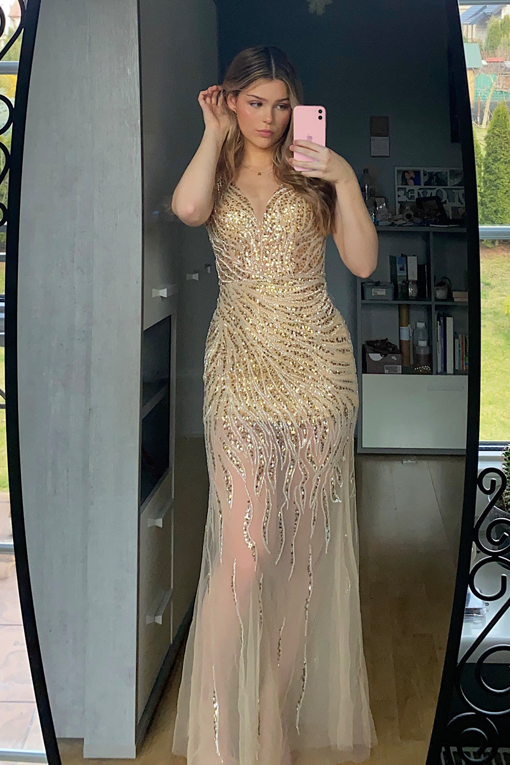 Golden Backless Sequin Prom Dress Tulle V Neck Evening Dress