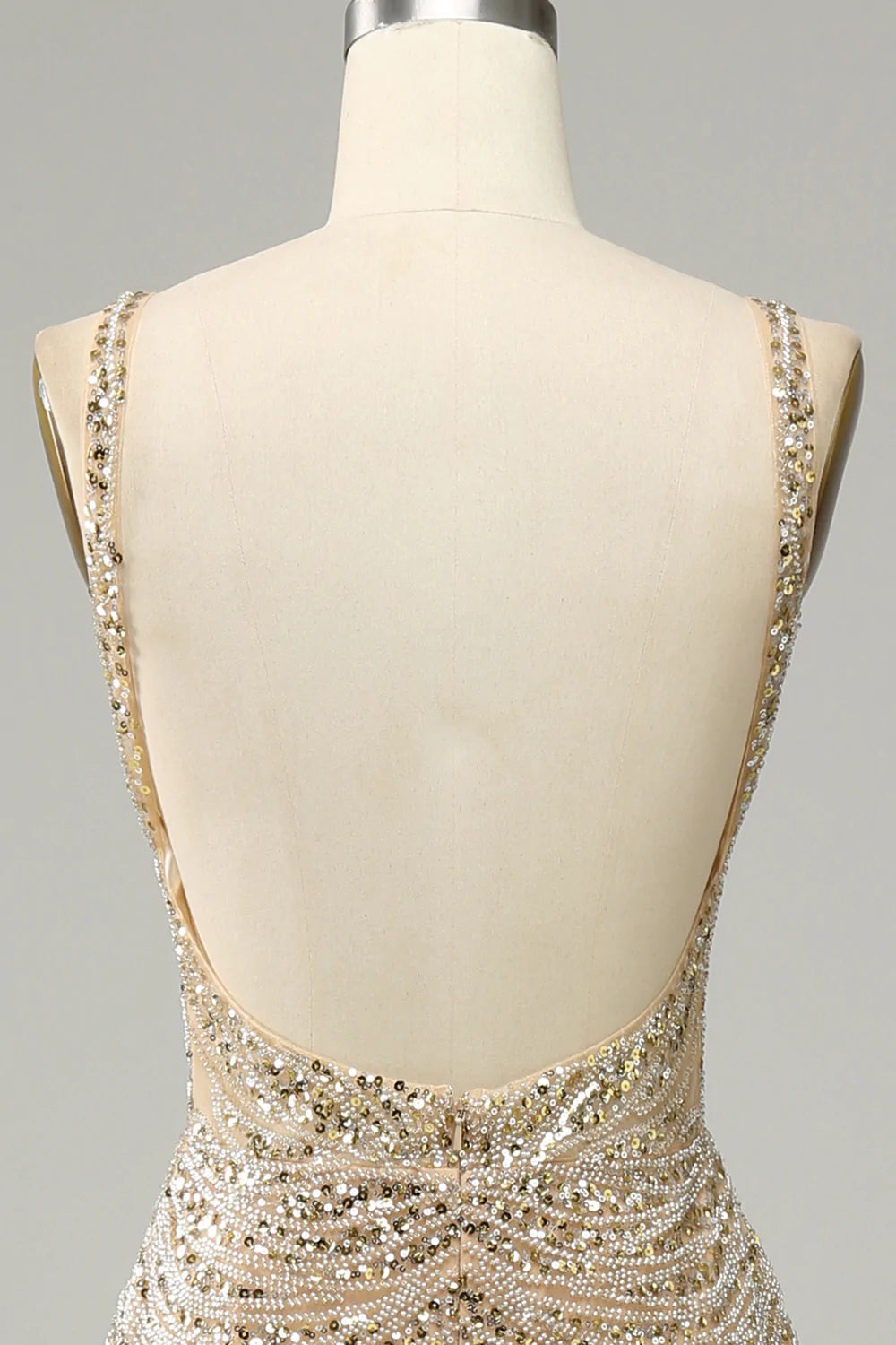 Golden Beaded V Neck Prom Dress Backless Long Evening Dress