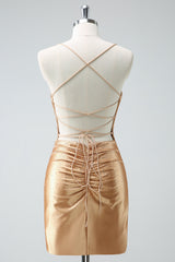 Golden Homecoming Dress Tight Short Prom Dress with Lace-Up Back
