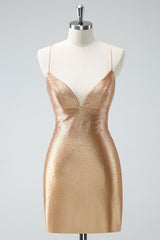 Golden Homecoming Dress Tight Short Prom Dress with Lace-Up Back