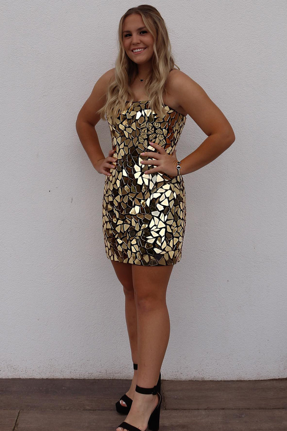 Golden Homecoming Dresses Mirror Short Tight Cocktail Dresses