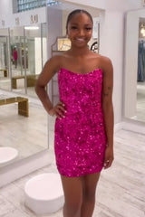 Golden Homecoming Dresses Sequin Strapless Sleeveless Tight Cocktail Dresses