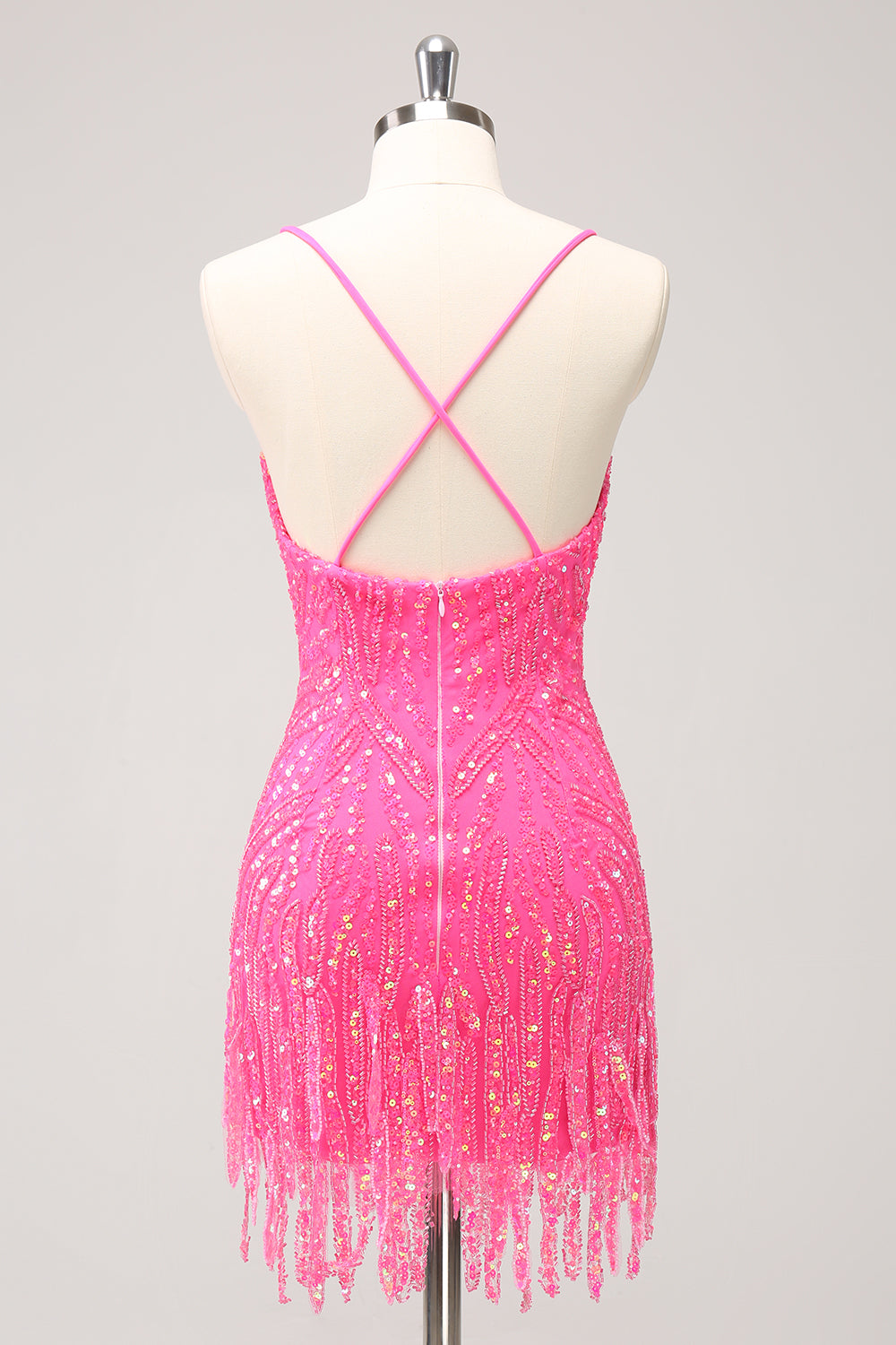 Golden Homecoming Dresses Sequined Spaghetti Straps Tight Short Cocktail Dresses With Fringes