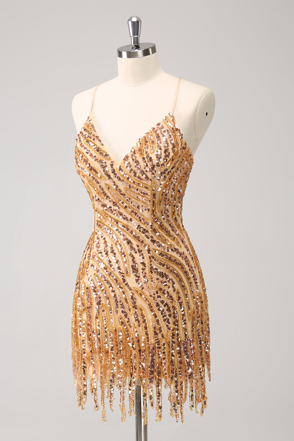 Golden Homecoming Dresses Sequined Spaghetti Straps Tight Short Cocktail Dresses With Fringes