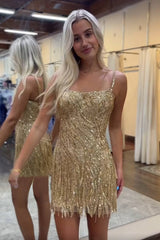 Golden Homecoming Dresses Spaghetti Straps Beaded Fringed Tight Short Hoco Dresses