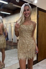 Golden Homecoming Dresses Spaghetti Straps Beaded Fringed Tight Short Hoco Dresses