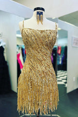 Golden Homecoming Dresses Spaghetti Straps Sequin Tight Short Hoco Dresses with Fringes