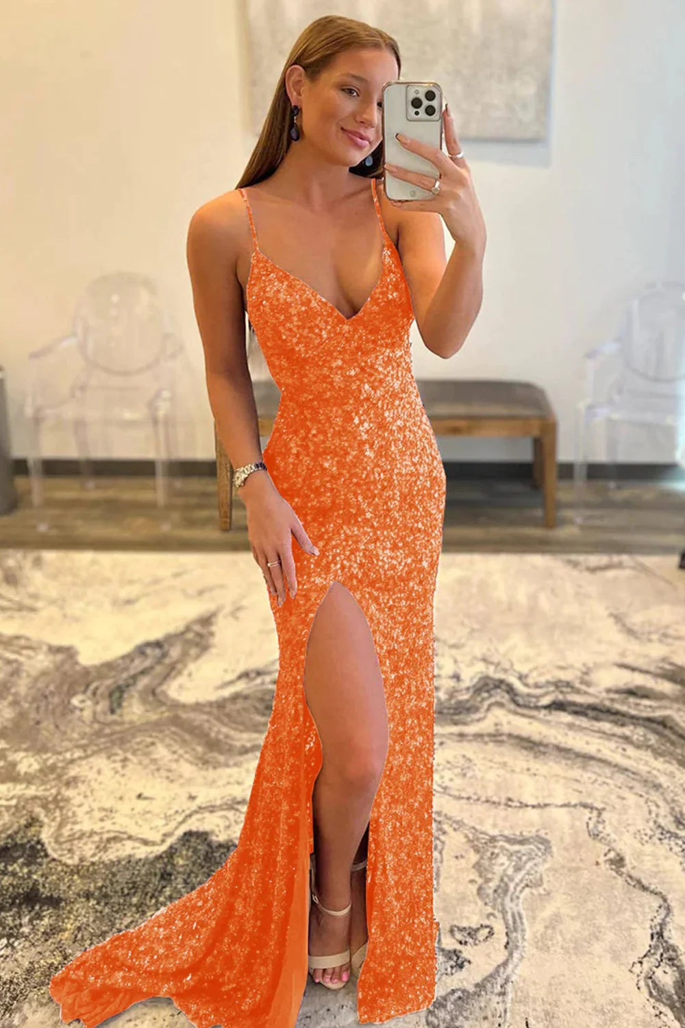 Golden Mermaid Sequin Prom Dress with Slit