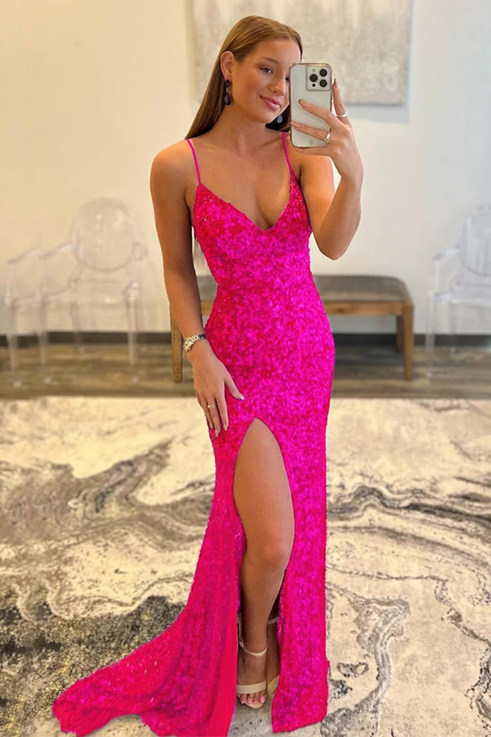 Golden Mermaid Sequin Prom Dress with Slit