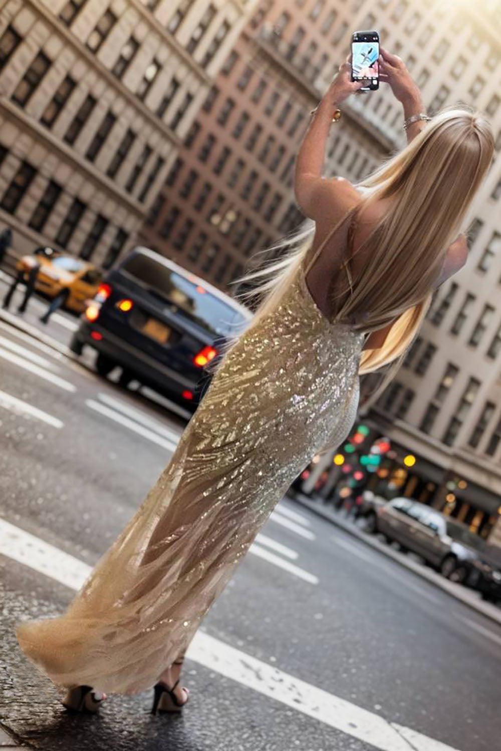 Golden Prom Dress Beaded Spaghetti Straps Backless Long Evening Dress with Slit