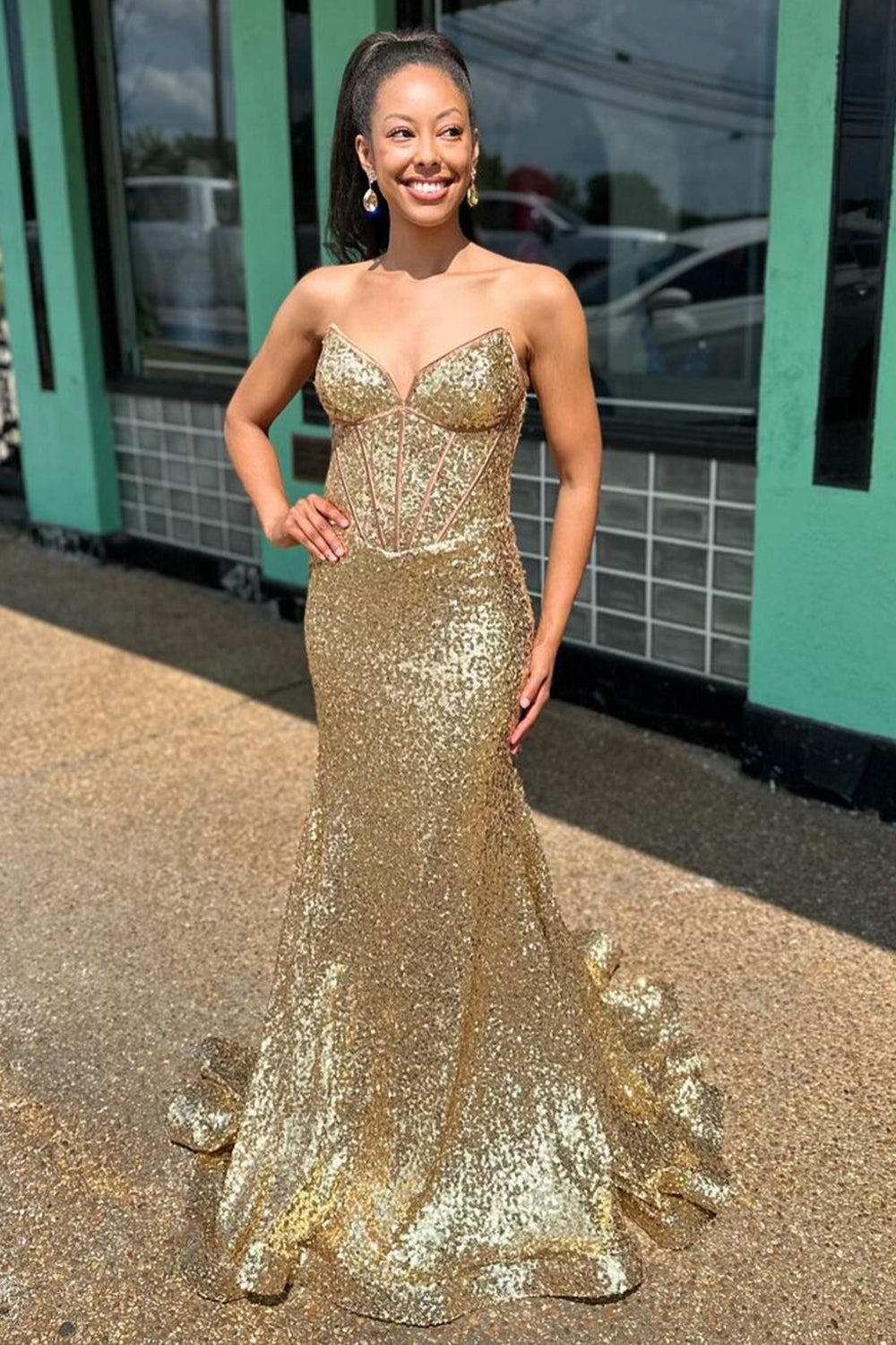 Golden Prom Dress Strapless Mermaid Corset Long Evening Dress