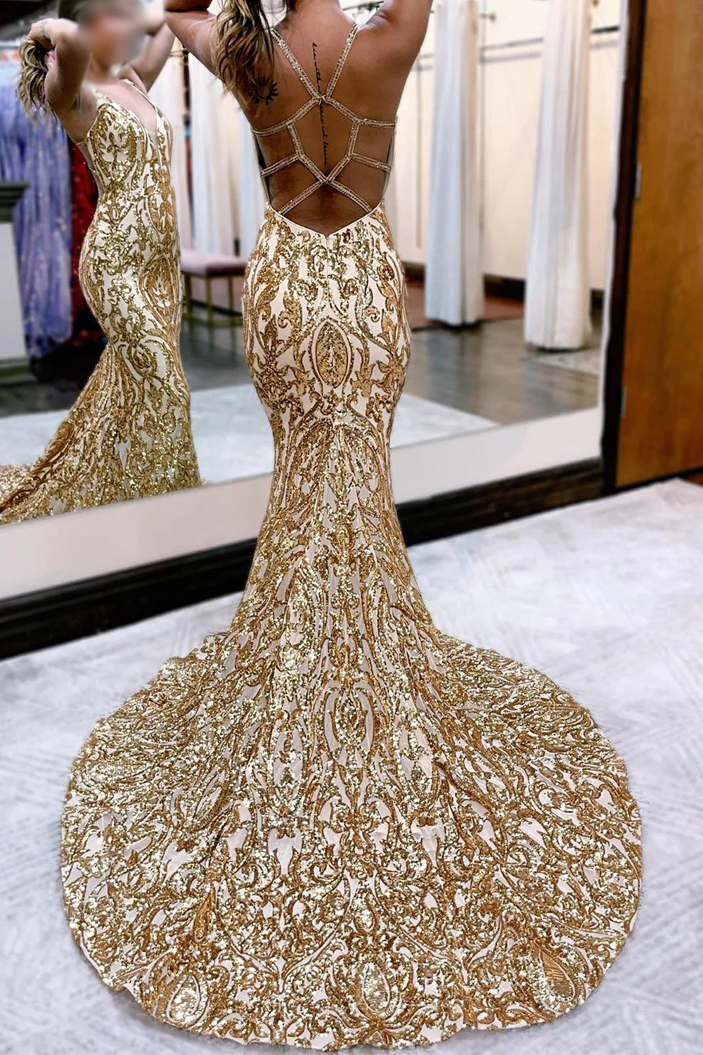 Golden Sequined Mermaid Prom Dress V Neck Evening Dress