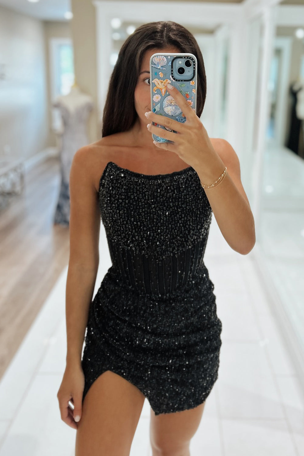 Golden Silver Homecoming Dresses Corset Strapless Tight Short Cocktail Dresses with Beading