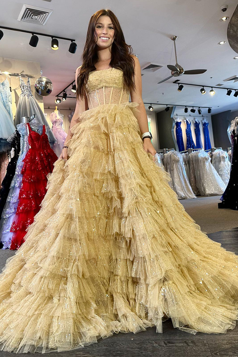 Golden Strapless A Line Prom Dress Tulle Long Tiered Evening Dress