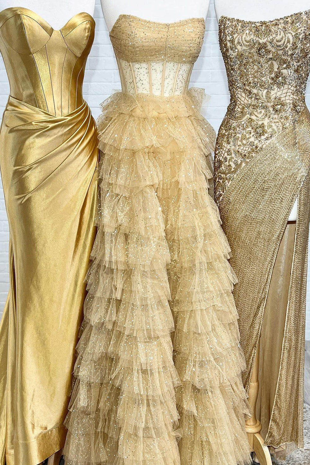 Golden Strapless A Line Prom Dress Tulle Long Tiered Evening Dress