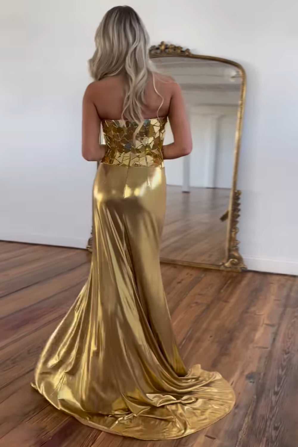 Golden Strapless Prom Dress Mermaid Mirror Ruched Long Evening Dress with Slit
