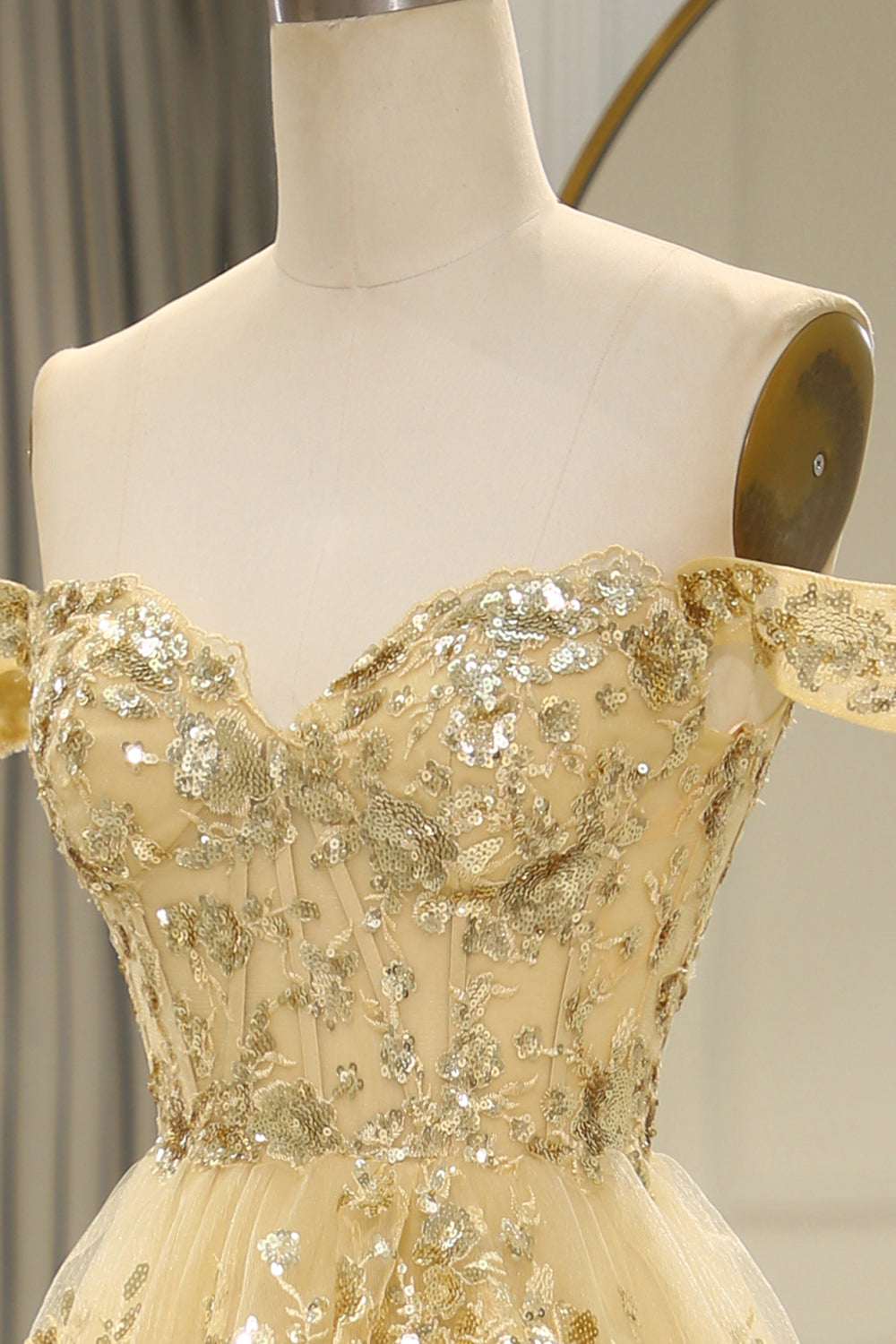 Golden Tiered A Line Long Prom Dress with Lace