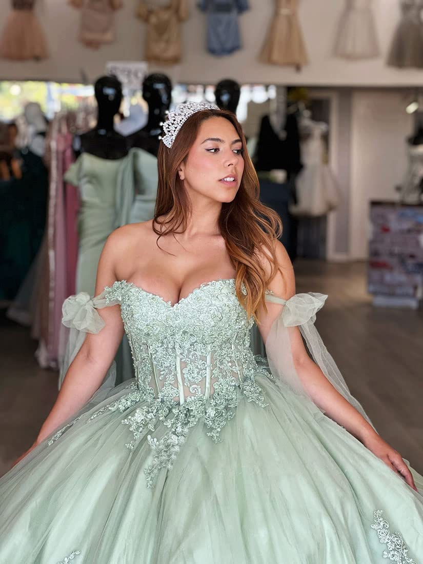 Gorgeous Ball Gown Off Shoulder Lace Appliques Beaded Mint Green Tulle Quinceanera Dress For Sweet 16