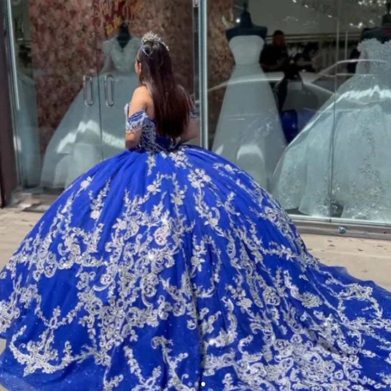 royal blue quinceanera dresses off the shoulder Gorgeous Ball Gown Off Shoulder Lace Appliques Beaded Royal Blue Tulle Princess Quinceanera Dress Formal Prom Dresses Party Gown for Sweet 16 Dress 2