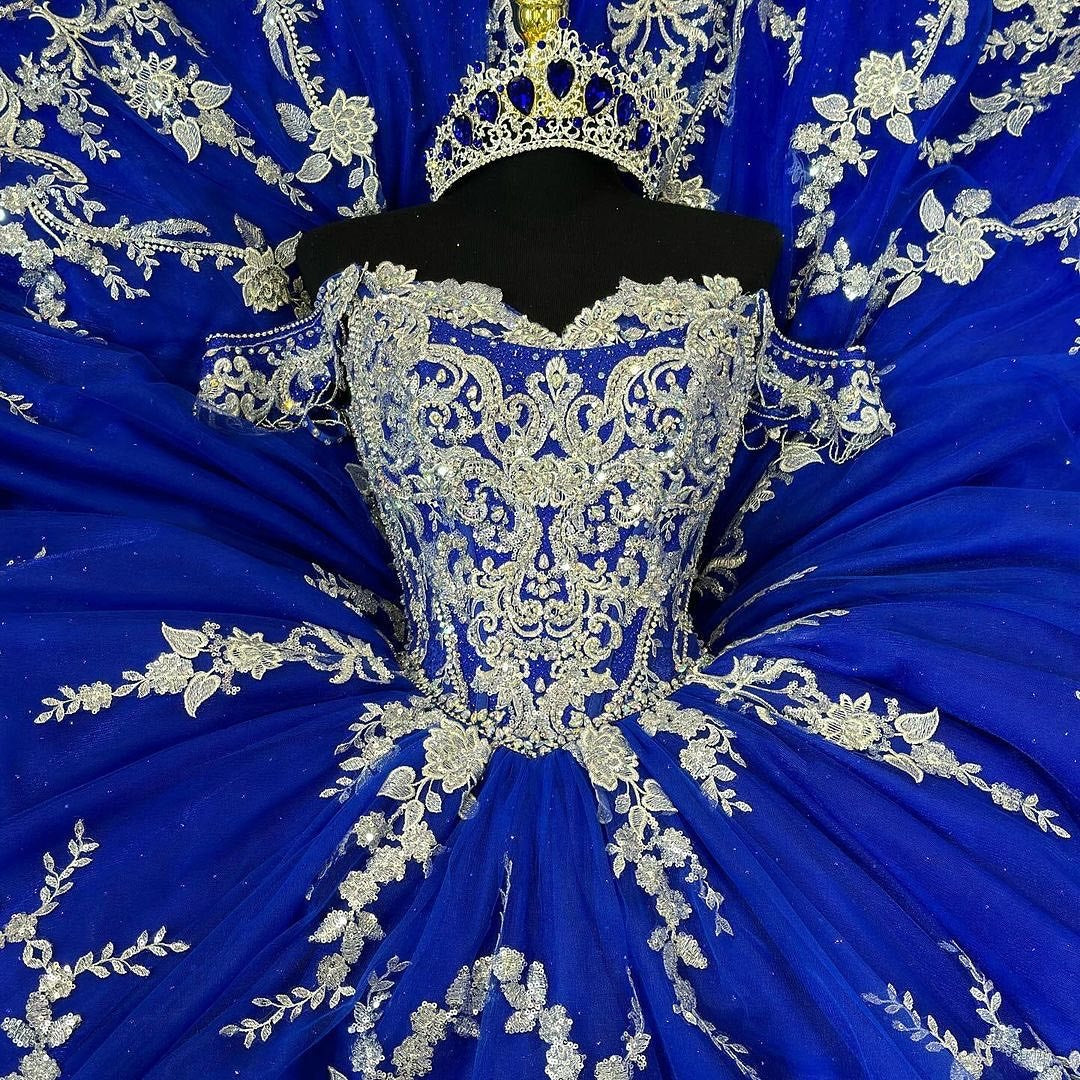 Gorgeous Ball Gown Off Shoulder Lace Appliques Beaded Royal Blue Tulle Princess Quinceanera Dress Formal Prom Dresses Party Gown for Sweet 16 Dress 2 Gorgeous Ball Gown Off Shoulder Lace Appliques Beaded Royal Blue Tulle Princess Quinceanera Dress Formal Prom Dresses Party Gown for Sweet 16 Dress 2