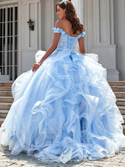 Gorgeous Ball Gown Off Shoulder Ruffles Tiered Appliques Beaded Tulle Quinceanera Dress For Sweet 16