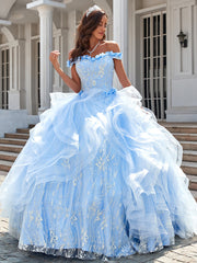 Gorgeous Ball Gown Off Shoulder Ruffles Tiered Appliques Beaded Tulle Quinceanera Dress For Sweet 16