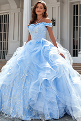 Gorgeous Ball Gown Off Shoulder Ruffles Tiered Appliques Beaded Tulle Quinceanera Dress For Sweet 16
