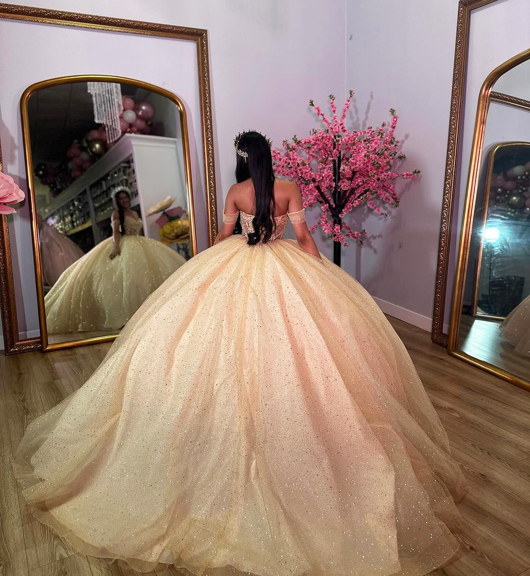 Gorgeous Ball Gown Off Shoulder Sleeveless Beaded Tulle Quinceanera Dress Princess Evening Party Gown For Sweet 16