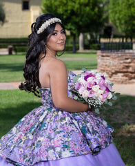 Gorgeous Ball Gown Strapless Sleeveess Flower Appliques Lavender Tulle Quinceanera Dress For Sweet 16 Evening Gown
