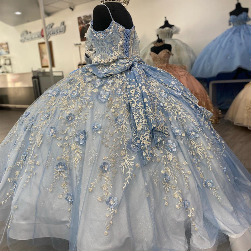 Gorgeous Ball Gown V Neck Spaghetti Straps Flower Appliques Beaded Lace Up Sky Blue Tulle Princess Gown Quinceanera Dress For Sweet 16